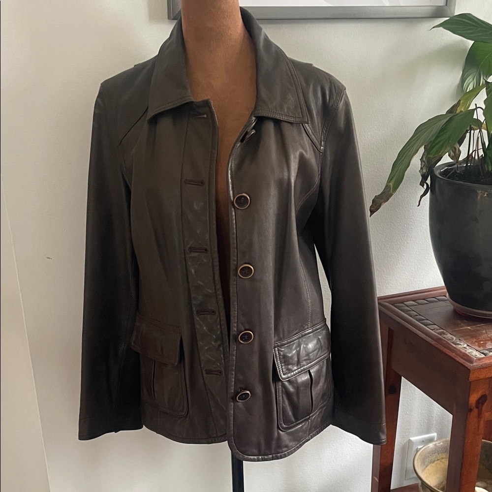 J. Jill Dark Brown Leather Button-Front Jacket
